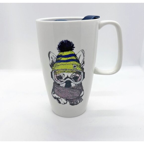 Coco & Lola French bulldog mug w/lid, winter scarf and hat ski goggles - Picture 1 of 6